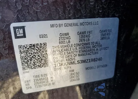 2021 GMC Acadia Slt z USA, uszkodzony, nr VIN 1GKKNMLS3MZ198240